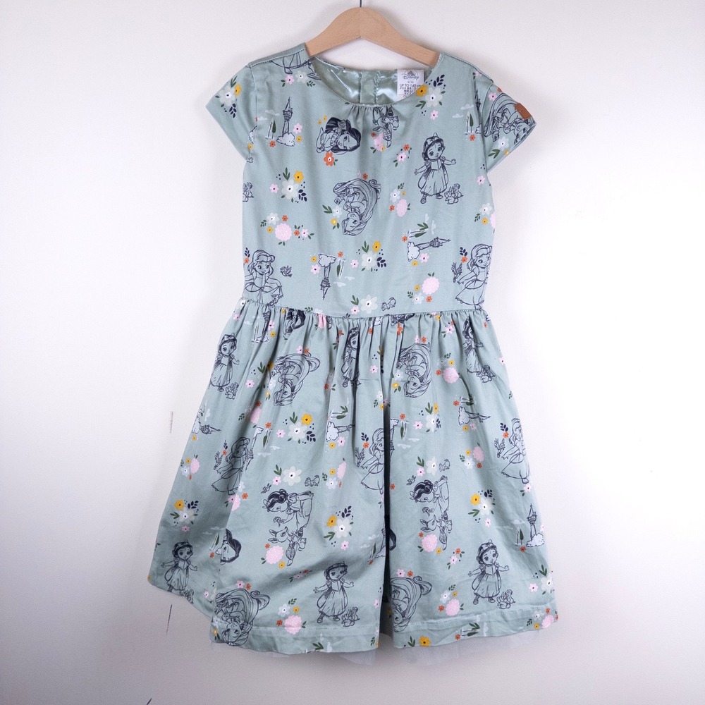 Disney Princess Dress Kids 9-10 Sage Green Floral Snow White Rapunzel Belle